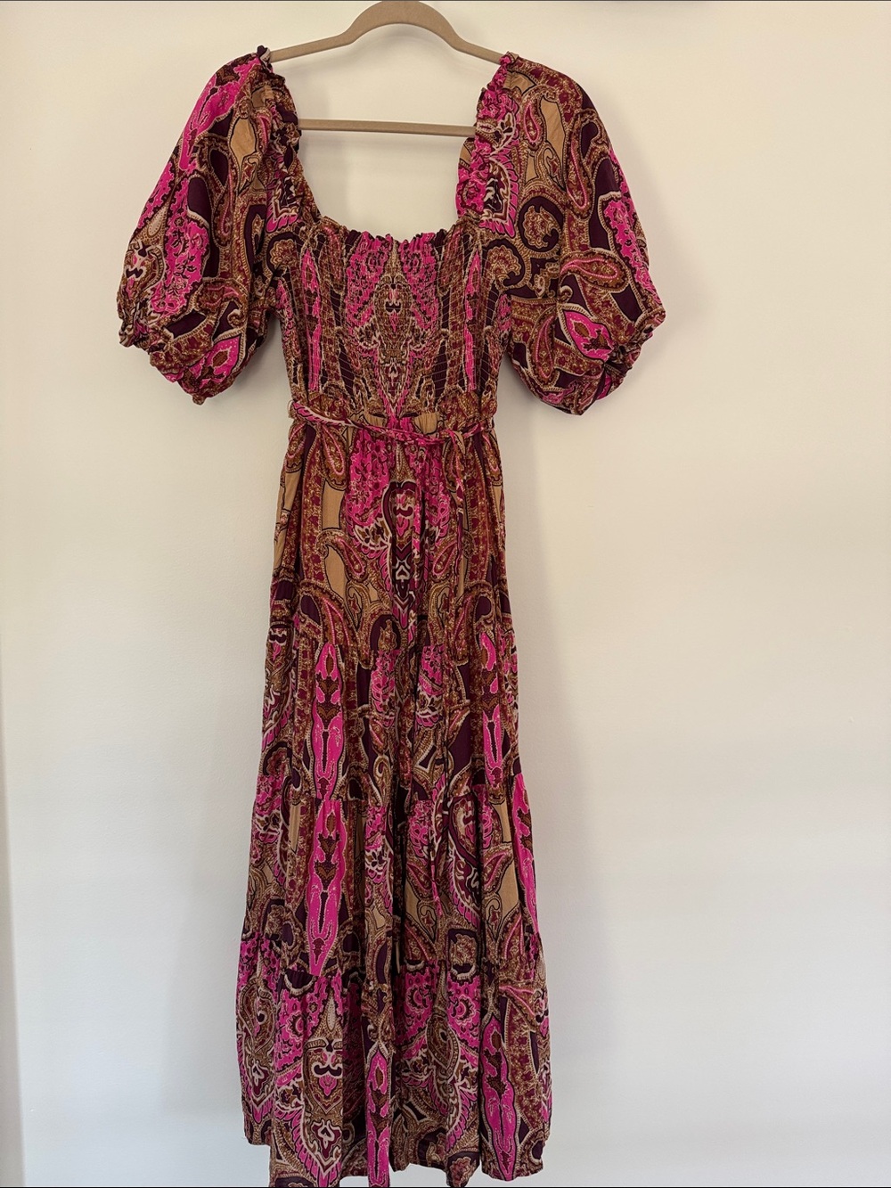 Pink and Brown Paisley Puff-Sleeve Maxi Dress